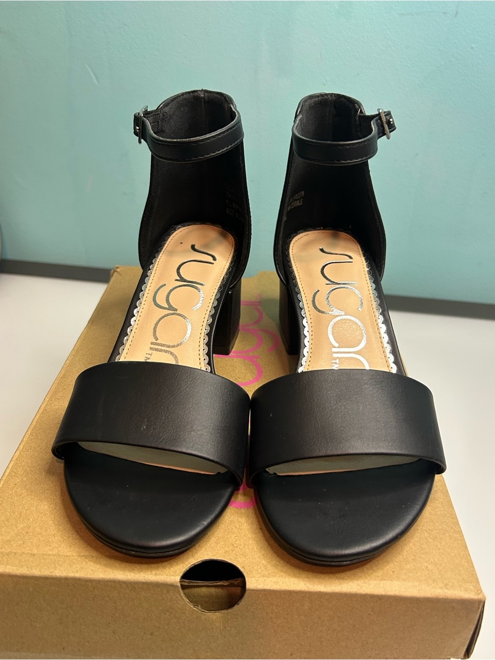 Sugar Black Ankle-Strap Block Heel Sandals